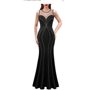Vfshou Black Mesh Illusion Embellished Mermaid Gown Formal Evening Dress Size M